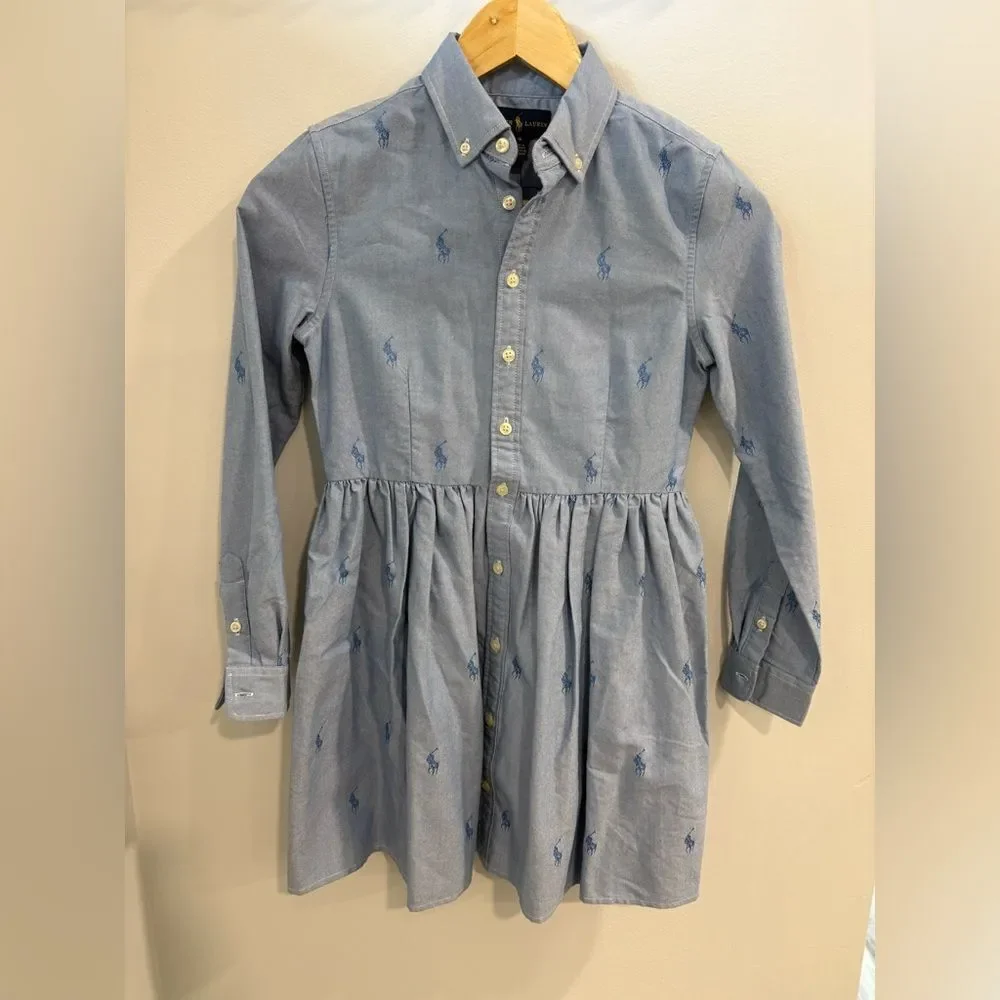 Ralph Lauren Blue Button-Down Shirt Dress with Pony Embroidery